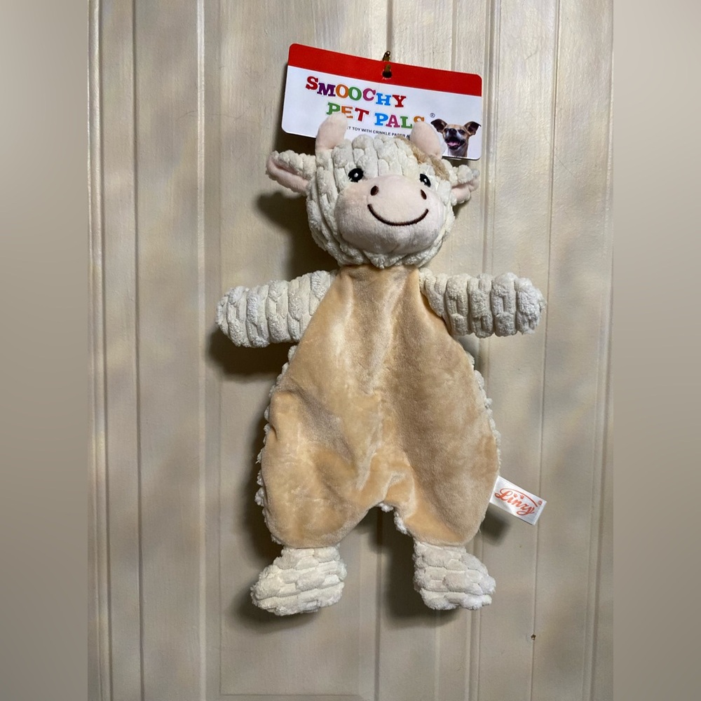 Smoochy Lamb Cow  Plush 13" Flat Body  Crinkle  Squeaker Stuffed New Dog Toy .
